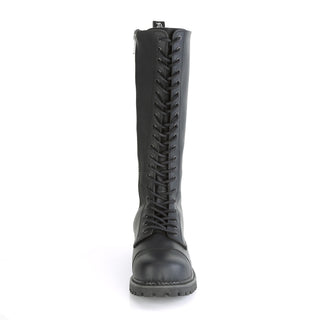 front view of demonia riot-20 combat boots showing round toe and laces