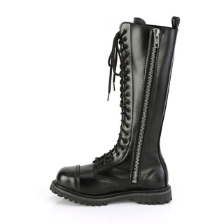 inner side of view demonia riot-20 nee high leather combat boots showing zipper