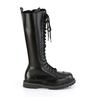 Outer side view of Demonia RIOT-20 knee-high leather combat boots