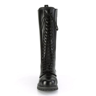 front view of demonia-20 knee-high leather combat boots showing laces and steel toe
