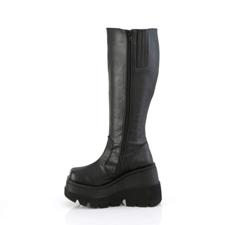 Inner side ciew of Demonia Shaker-100WC wide-calf boots showing side zipper
