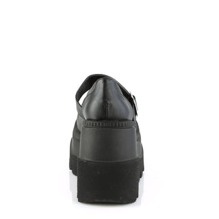 back side view of demonia shaker-23 black pu wedge platform mary jane shoes