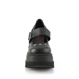 font view of demonia shaker-23 black pu platform mary janes showing star studs