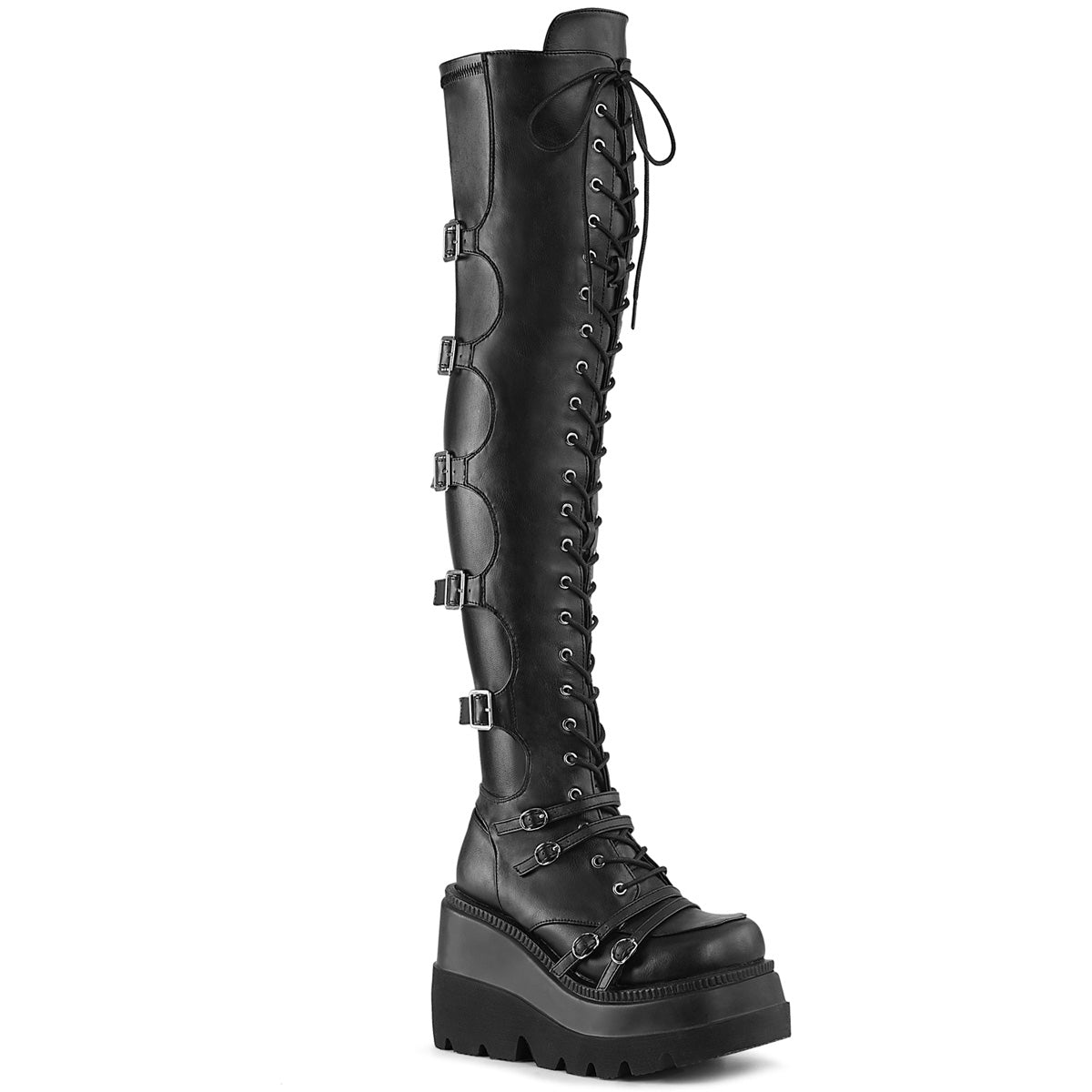 demonia shaker-350 buckle details thigh high wedge platform boots