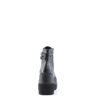 Demonia Shaker-52 Black PU platform boots – back angle highlighting the 4.5-inch chunky platform heel and ridged sole