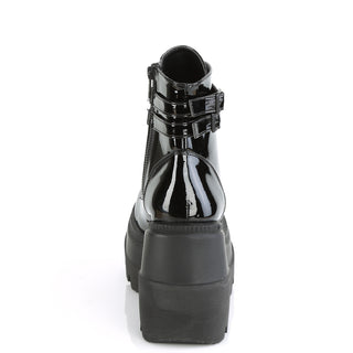 Back view of Demonia Shaker-52 Black Patent boots showing heel height and rear silhouette