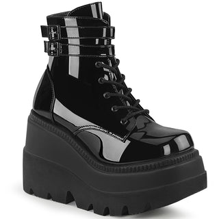 Demonia Shaker-52 Black Patent platform boots glossy upper and wedge sole