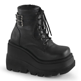 Demonia Shaker-52 Black PU wedge platform boots, gothic-punk alternative footwear.