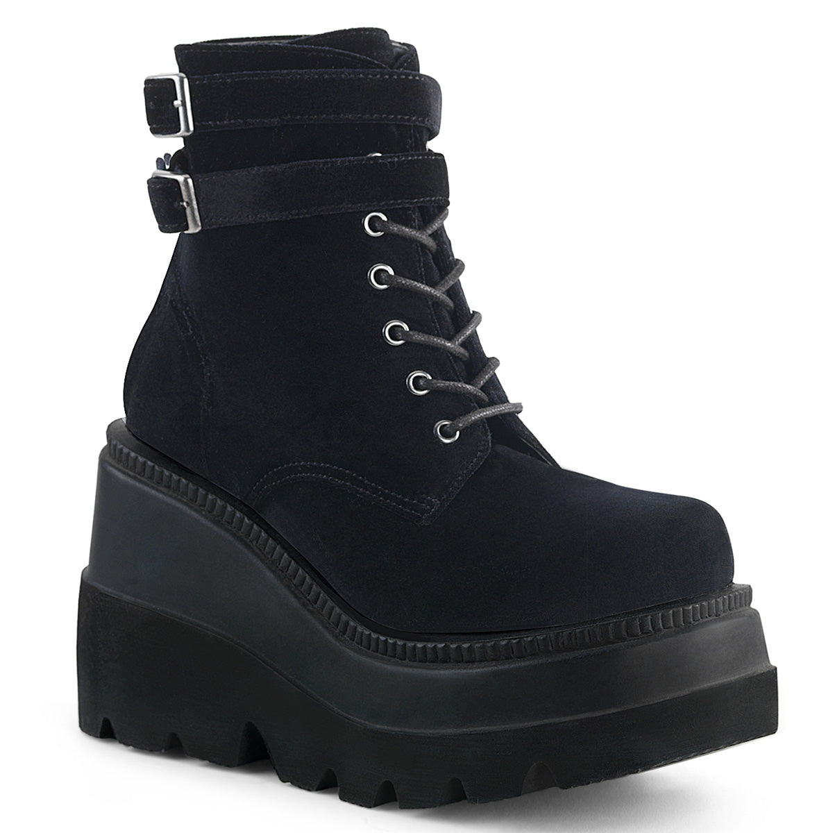 Demonia Shaker-52 black velvet boots with a wedge platform and double buckled ankle straps, featuring a lace-up front.