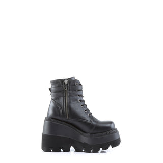 Demonia Shaker-52 Black PU boots – inner side view with functional side zipper and smooth matte finish.