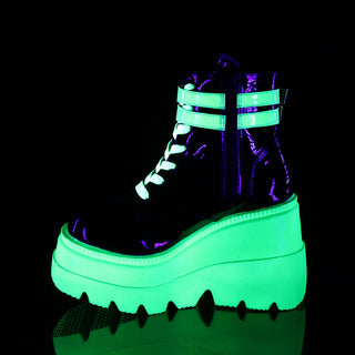 inner side view of demonia shaker-52 neon green glowing in the dark and showing side zipper