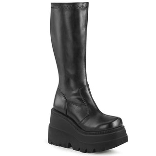 Demonia Shaker-65 Black PU knee high wedge platform boots