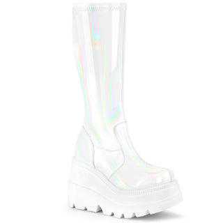 Demonia Shaker-65 white hologram knee high wedge platform boots