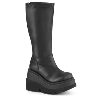 Demonia Shaker-65WC black wide-calf knee-high wedge boot with back zipper.
