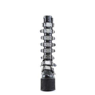 Front view of Demonia Swing-815 black pu platform boots with 8 metal buckled straps
