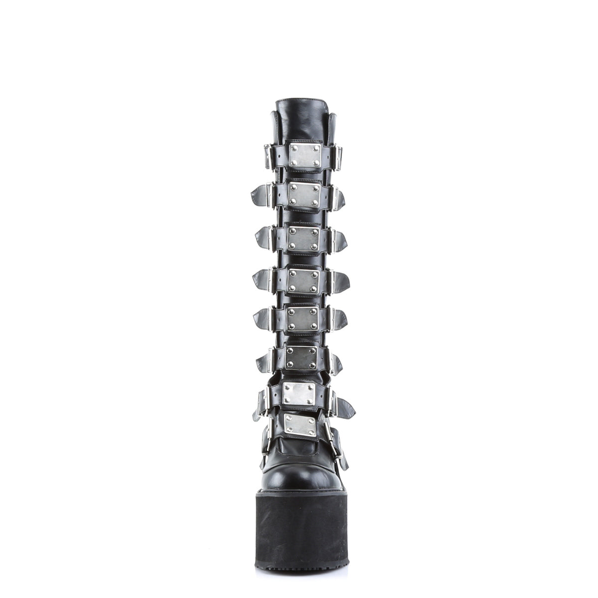Front view of Demonia Swing-815 black pu platform boots with 8 metal buckled straps