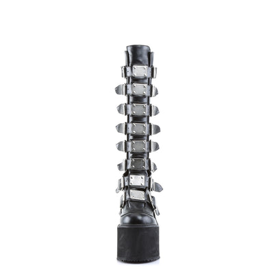 Front view of Demonia Swing-815 black pu platform boots with 8 metal buckled straps