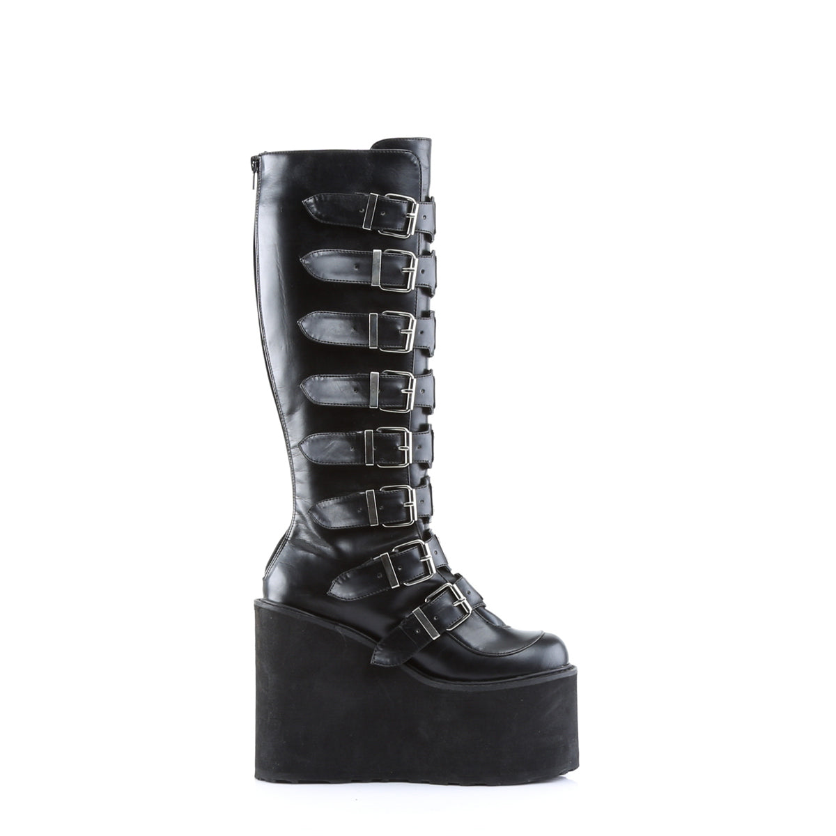 Inner side view of Demonia Swing-815 black pu knee-high platform boots with 8 buckle straps and wedge sole