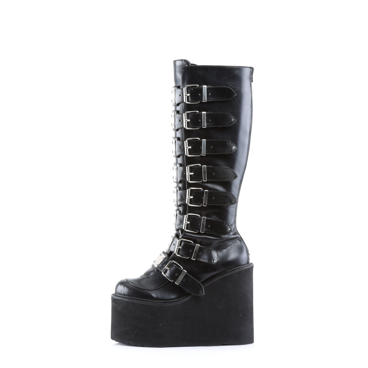 Outer side view of Demonia Swing-815 black pu platform boot with 8 buckle straps and wedge sole