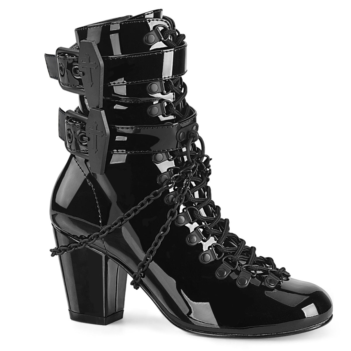 Demonia vivika-128 black patent block heel ankle boots with coffin straps and wrapped chain details.