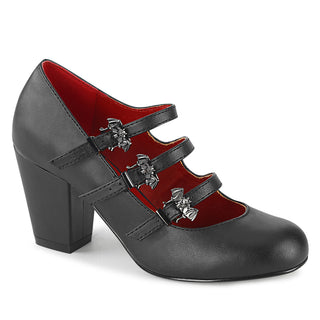 Demonia Vivika-38 black triple strap Mary Jane heels with bat buckles