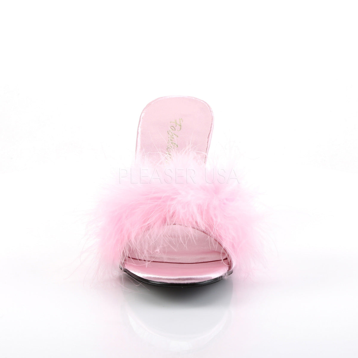 Front view of Fabulicious Amour-03 pink marabou mule heels showing fluffy feather trim and open toe