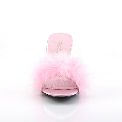 Front view of Fabulicious Amour-03 pink marabou mule heels showing fluffy feather trim and open toe