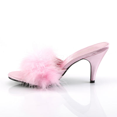 Inner side of Fabulicious Amour-03 pink feather mule showing arch, marabou trim, and slim stiletto heel