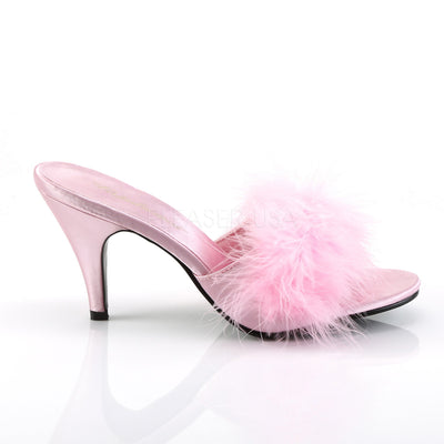 Outer side view of pink Fabulicious Amour-03 marabou heels with stiletto heel and feather detail in large sizes