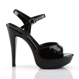 Outer side view of Fabulicious Cocktail-509 black patent platform sandal showing ankle strap buckle and stiletto heel on white background