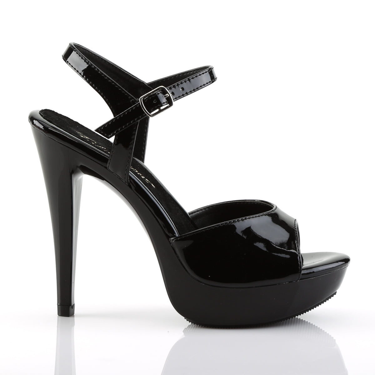 Outer side view of Fabulicious Cocktail-509 black patent platform sandal showing ankle strap buckle and stiletto heel on white background