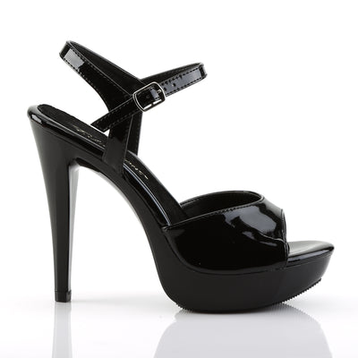 Outer side view of Fabulicious Cocktail-509 black patent platform sandal showing ankle strap buckle and stiletto heel on white background