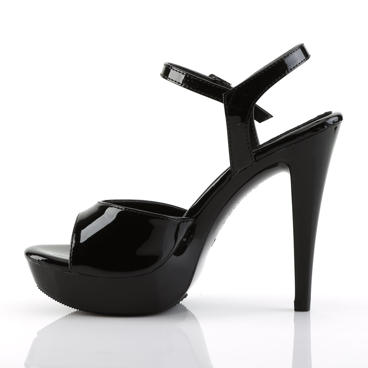Inner side view of Fabulicious Cocktail-509 black patent high heel sandal showing arch curve and open toe on white background