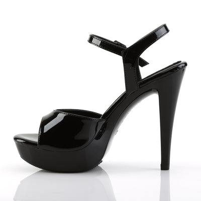 Inner side view of Fabulicious Cocktail-509 black patent high heel sandal showing arch curve and open toe on white background