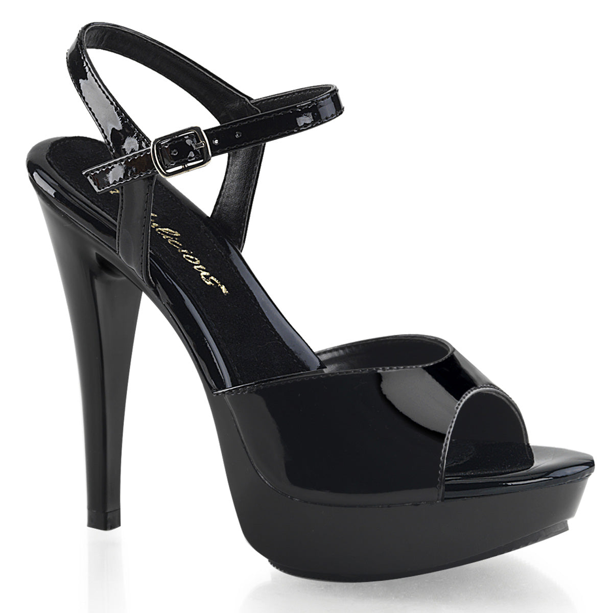 Fabulicious Cocktail-509 black patent high heel sandal with platform sole and visible ankle strap buckle on white background