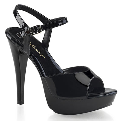 Fabulicious Cocktail-509 black patent high heel sandal with platform sole and visible ankle strap buckle on white background