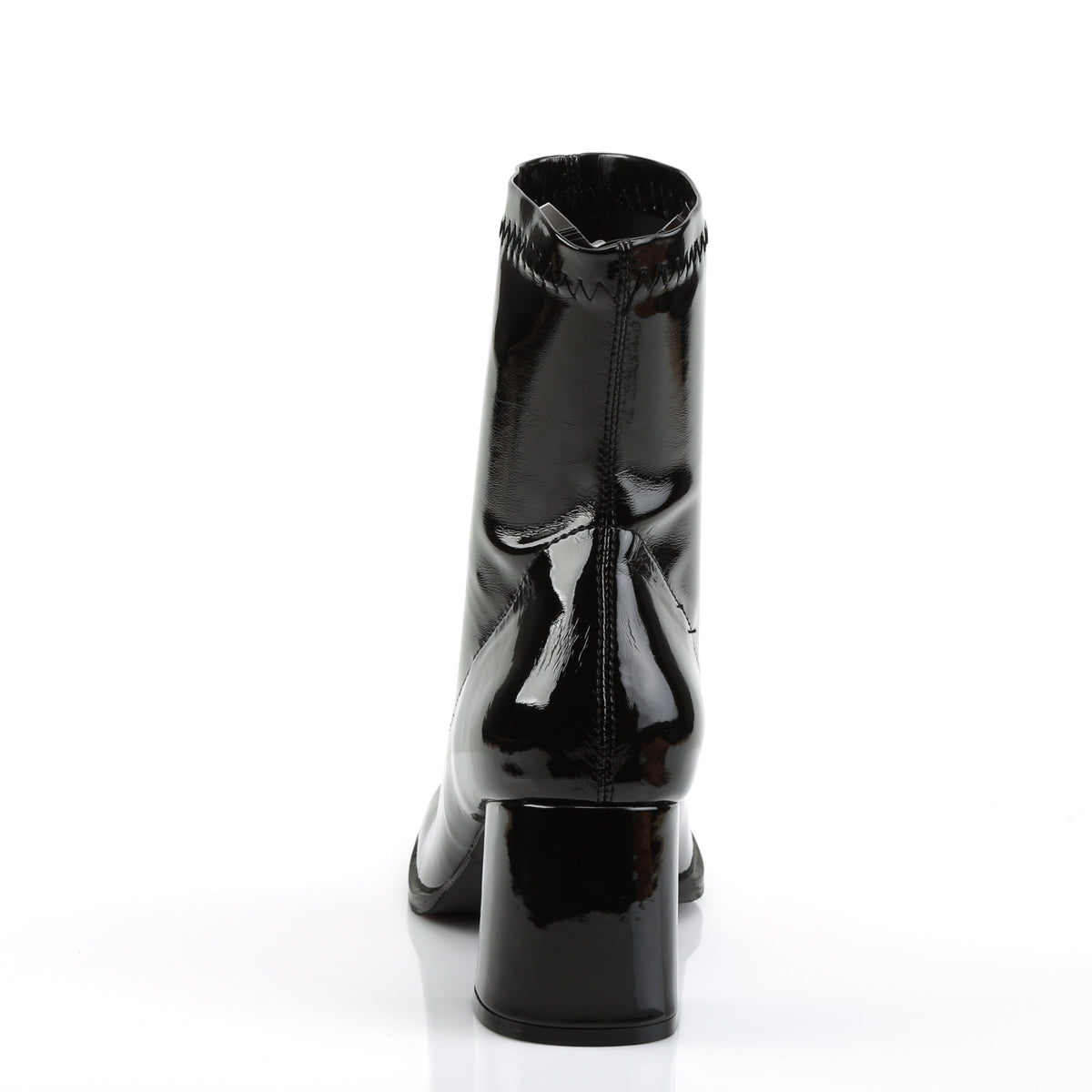 Back view of a black patent ankle boot with a glossy finish, seam detail up the center, and a chunky block heel.