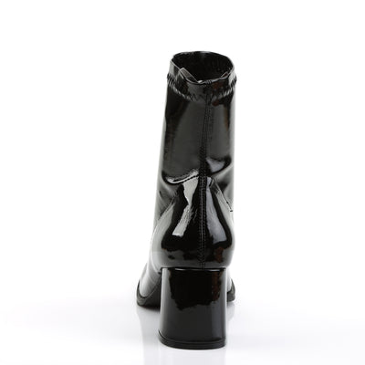Back view of a black patent ankle boot with a glossy finish, seam detail up the center, and a chunky block heel.