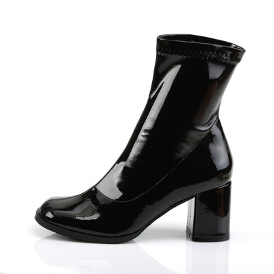 Side view of a black patent ankle boot with a glossy finish, square toe, and chunky block heel.