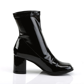 Black patent ankle boots with a glossy finish and a sturdy 3-inch block heel. The smooth upper has a clean, seamless look with subtle stitching at the top edge for a retro-inspired style.