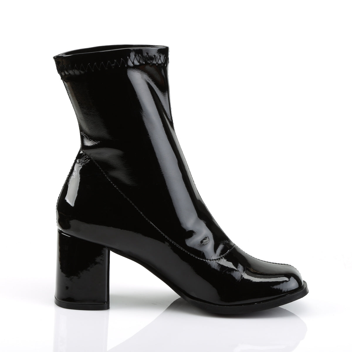 Black patent ankle boots with a glossy finish and a sturdy 3-inch block heel. The smooth upper has a clean, seamless look with subtle stitching at the top edge for a retro-inspired style.