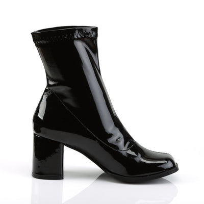 Black patent ankle boots with a glossy finish and a sturdy 3-inch block heel. The smooth upper has a clean, seamless look with subtle stitching at the top edge for a retro-inspired style.