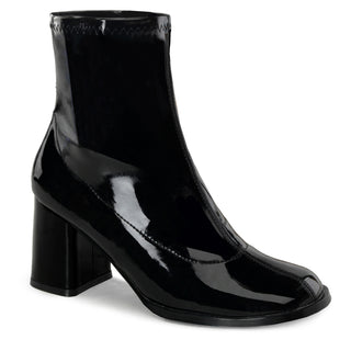 Black patent ankle boots with a thick heel, designed as a costume shoe for genres like science fiction and sixties-inspired outfits.