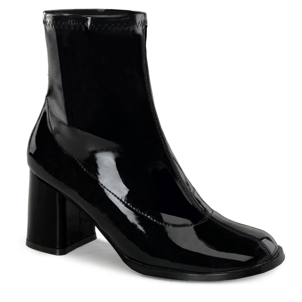 Black patent ankle boots with a thick heel, designed as a costume shoe for genres like science fiction and sixties-inspired outfits.