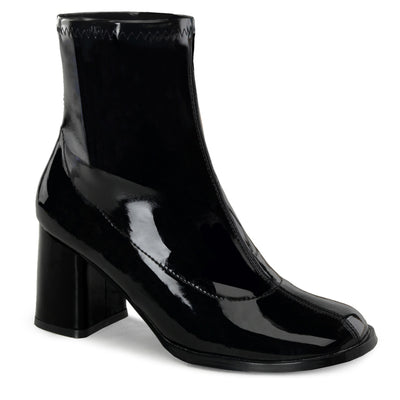 Black patent ankle boots with a thick heel, designed as a costume shoe for genres like science fiction and sixties-inspired outfits.