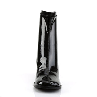 Front view of a black patent ankle boot with a glossy finish, square toe, and vertical center seam.