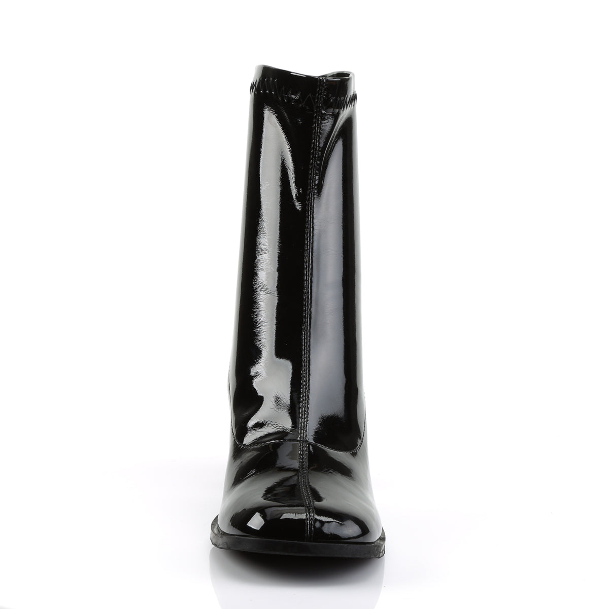 Front view of a black patent ankle boot with a glossy finish, square toe, and vertical center seam.