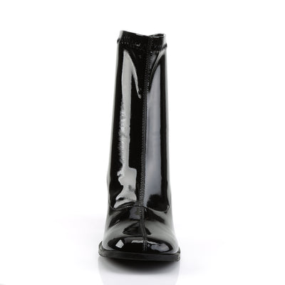 Front view of a black patent ankle boot with a glossy finish, square toe, and vertical center seam.