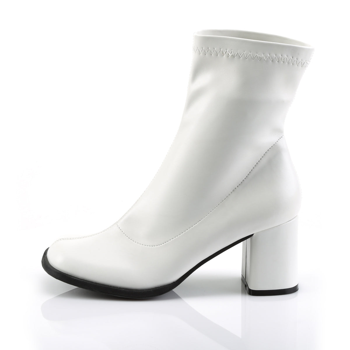 Side view of Funtasma Gogo-150 white matte ankle boot with block heel on white background