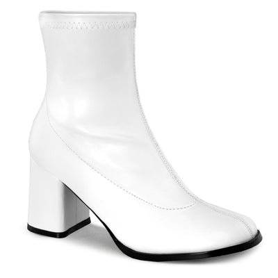 Funtasma Gogo-150 white matte women’s ankle boots with 3-inch block heel, 60s retro go-go style